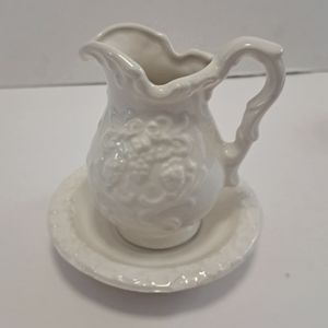 Miniature pitcher and bowl 4.25" Grape design Artist LF initial on bottom